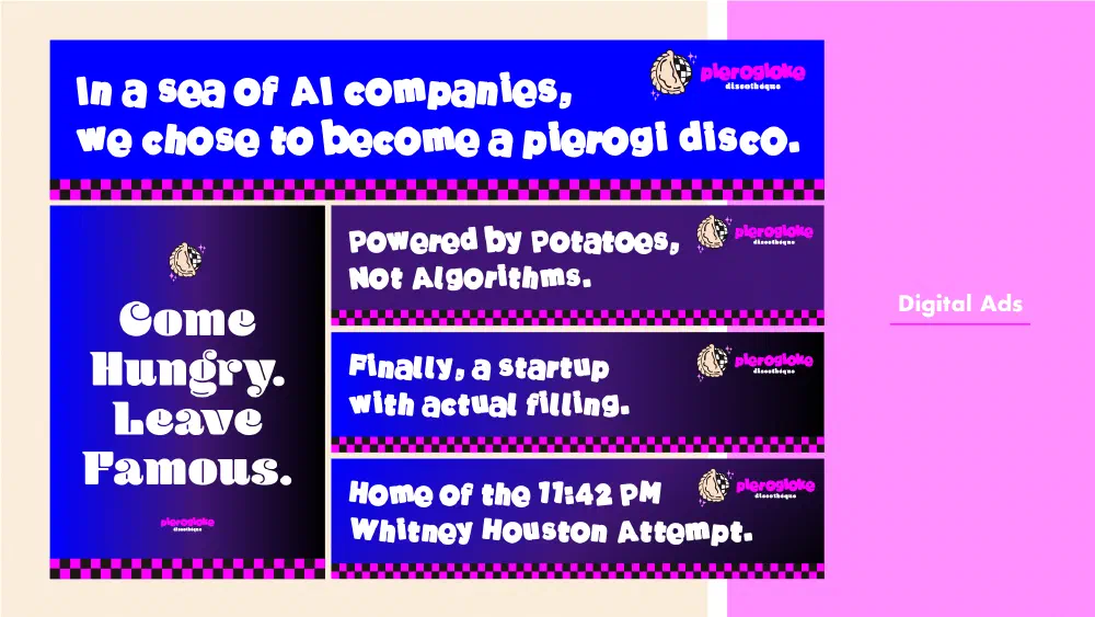 Digital ads with deadpan disco copy