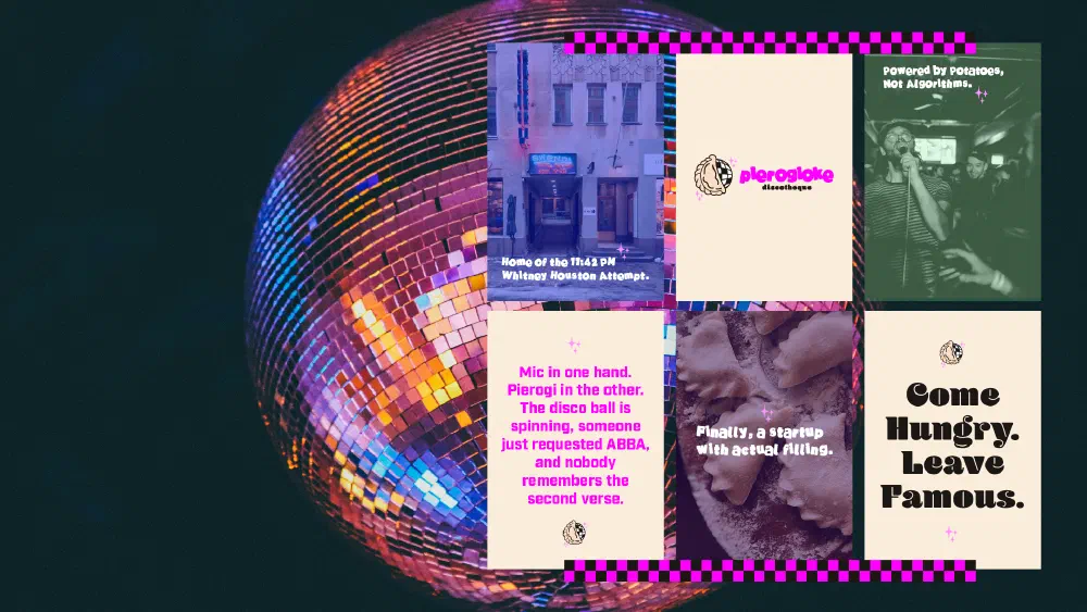 Social feed grid mixing venue, food, and campaign copy
