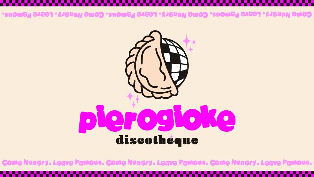 Framed pierogioke brand slide with checkerboard border