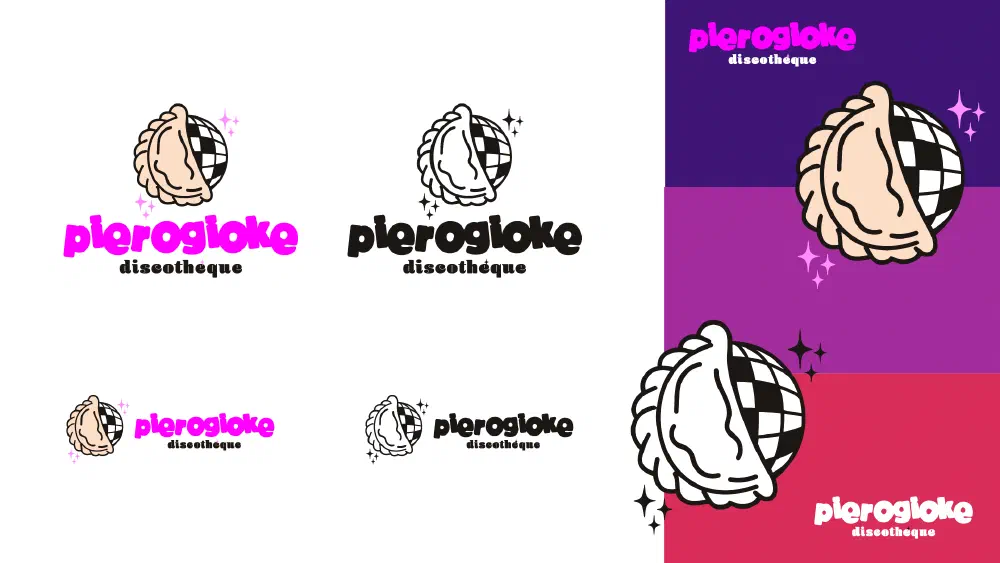 pierogioke logo lockup variations in magenta, black, and white