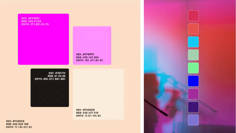 Core palette with hex values plus the extended disco spectrum