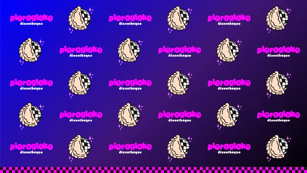 Step-and-repeat logo pattern on a disco gradient