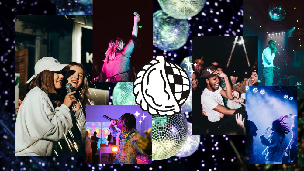 Nightlife and karaoke vibe collage with the mark