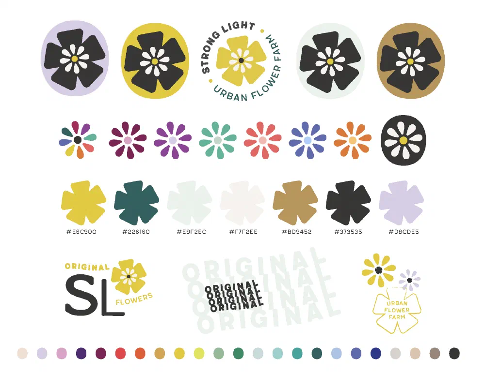 Flower emblem colorways, monogram, and hex color palette