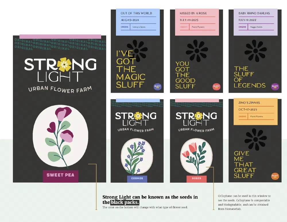 Black seed-packet designs with witty headlines and botanical illustrations