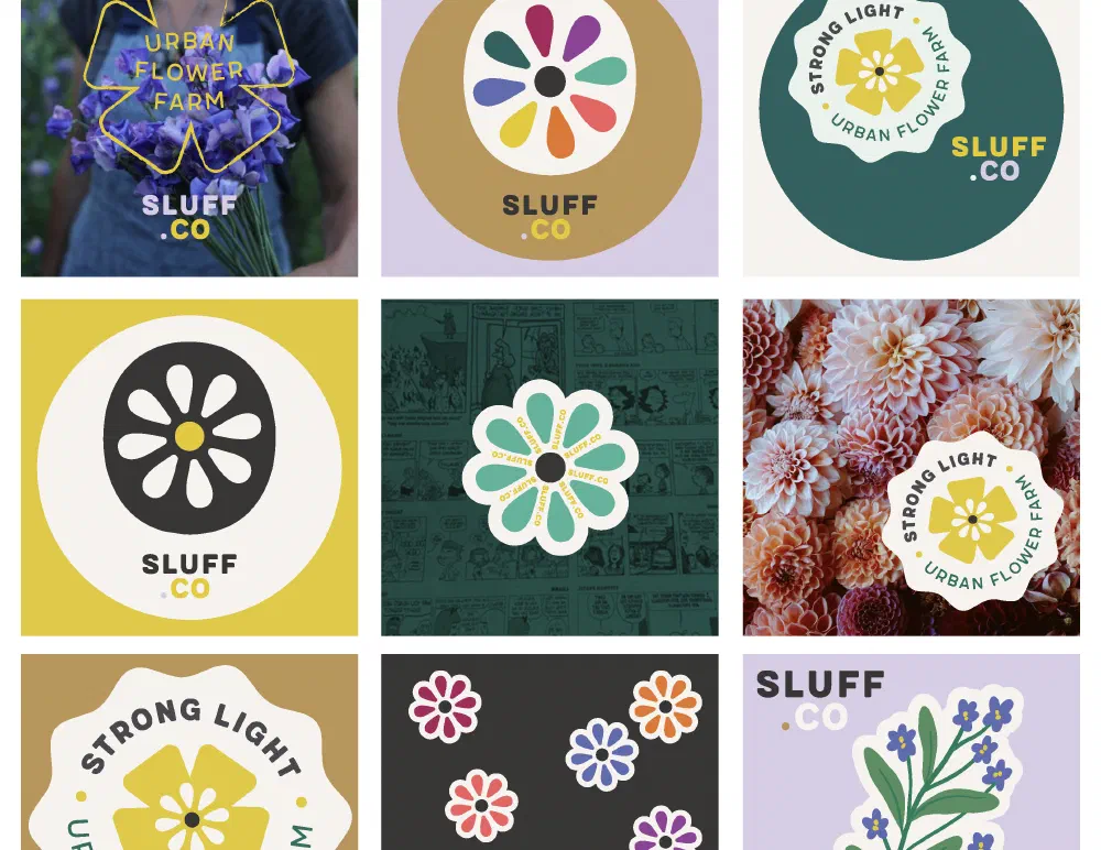 Social and application grid mixing flower photography with brand marks