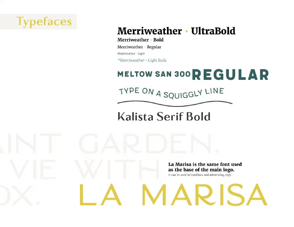 Typeface specimen: Merriweather, Meltow San, Kalista, La Marisa