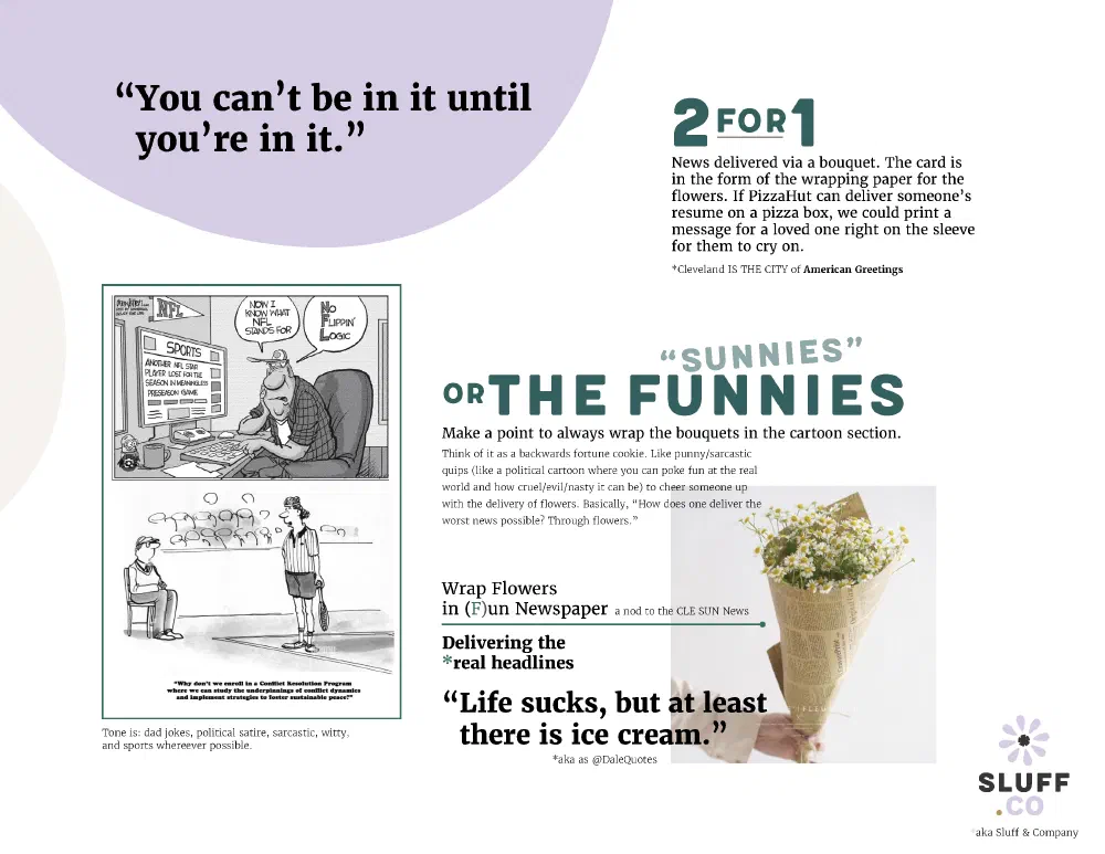 Brand voice and concept exploration: dad jokes, satire, and warmth