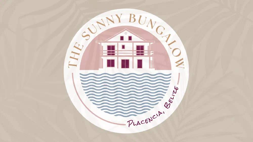 Circular badge logo — bungalow above waves with 'The Sunny Bungalow, Placencia, Belize'