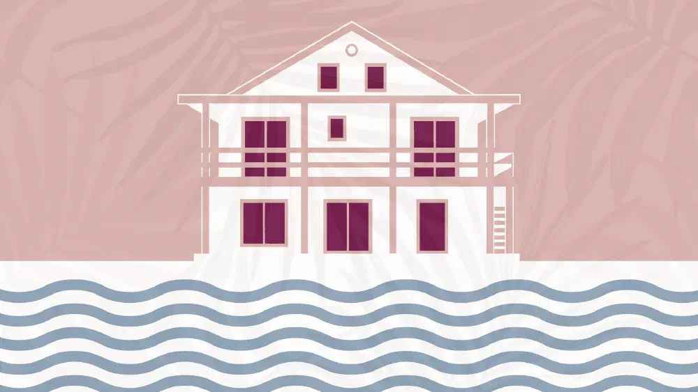 Standalone bungalow illustration in pink with wave detailing