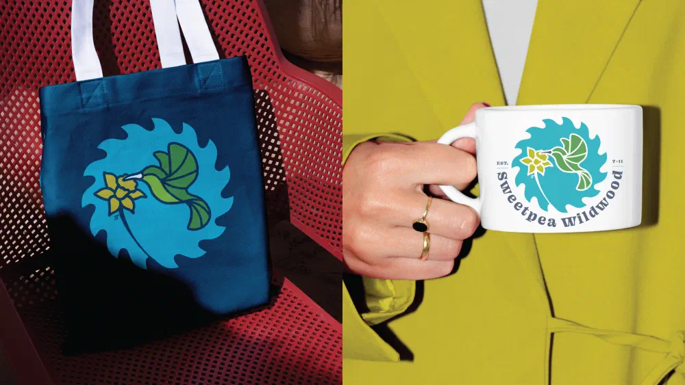 Brand applications — tote bag and mug carrying the hummingbird mark